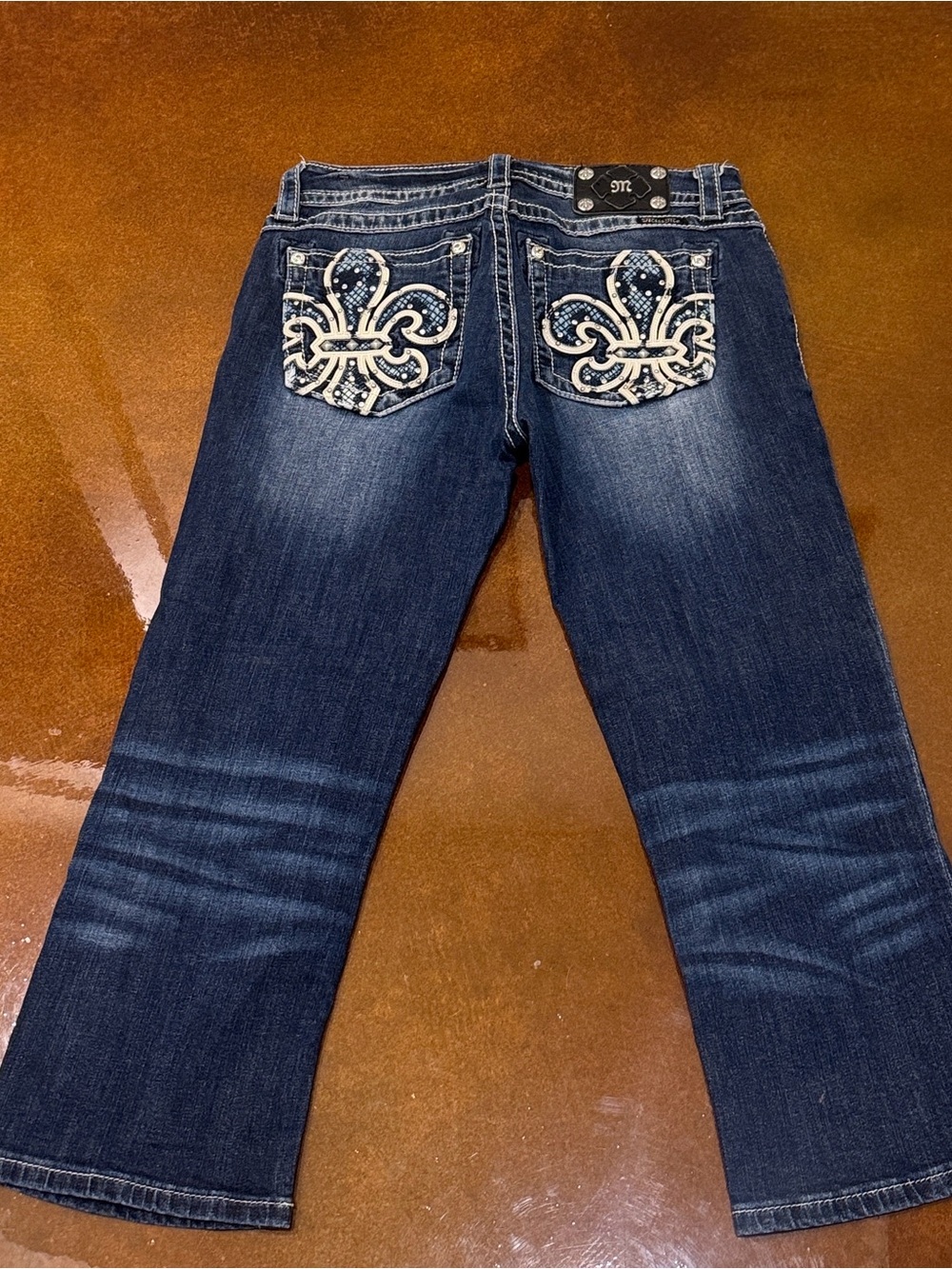 Miss Me Navy Blue Cropped Jeans with Rhinestone Fleur Pockets
